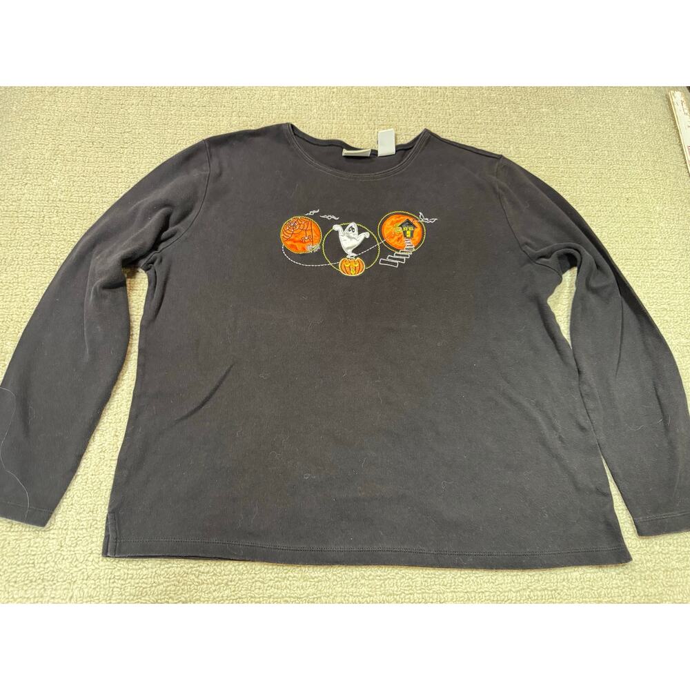Vintage Classic Elements Women’s XL Black Long Sleeve Tee Embroidered Halloween